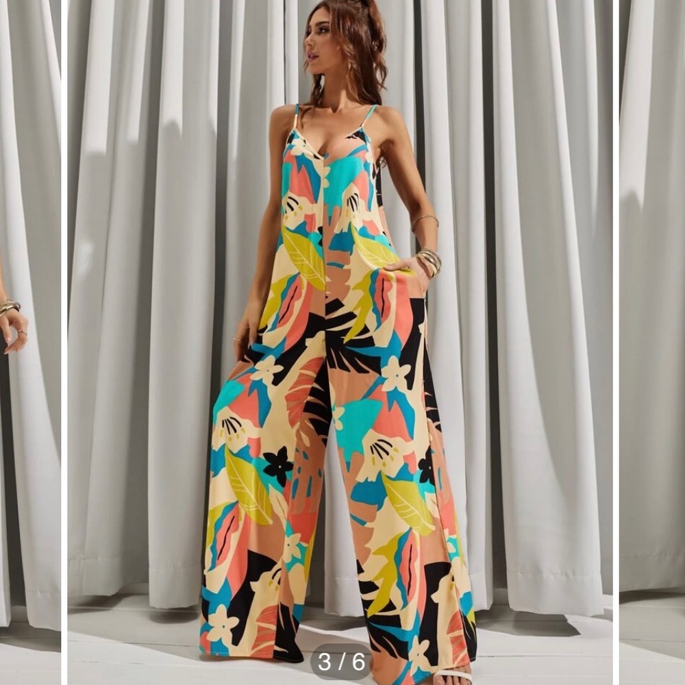 Backless Wide Leg Tropical Jumpsuit